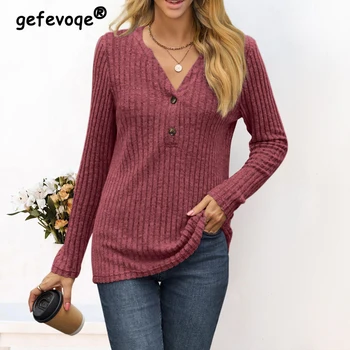 2023 Sonbahar Kış kadın Giyim Vintage Casual V Boyun Düğmesi Uzun Kollu T-shirt Kadın Düz Renk Gevşek Nervürlü Temel Üstleri