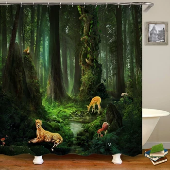 3d Duş Perdesi Doğa Orman Hayvanları manzara Banyo Perdeleri Su Geçirmez Kumaş 12 Kanca İle Ev Dekorasyon Banyo Ekran