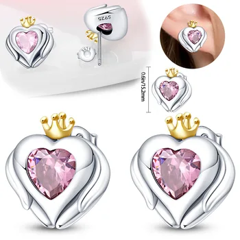 925 Ayar Gümüş Mor Opal Aşk Kalp Pembe Yuvarlak Boncuk Saplama Küpe Kadınlar İçin Moda Parti Takı Hediye