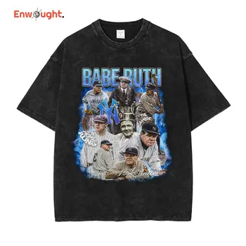 Bebek Ruth T Shirt Beyzbol Oyuncusu Tanrı George Herman Vintage Yıkanmış Üst Tee Hip Hop Kısa Kollu büyük boy tişört %100 % Pamuk