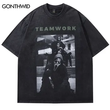 Erkekler Siyah Büyük Boy Tshirt Vintage Grafik Baskı Punk Gotik Yıkanmış Tişört Streetwear 2024 Hip Hop Gevşek Gömlek Harajuku Tops