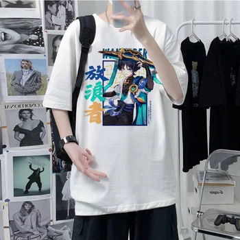 Genshin Darbe Anime Kunikuzushi Baskı t shirt Erkek Vintage Kısa Kollu Harajuku Grafik Scaramouche Unisex Tshirt Erkek erkekler 2