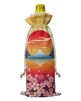 Japon Tarzı Mt. Fuji Kiraz Çiçeği Gün Batımı şarap şişesi Kapakları İpli Şarap Çantası Ambalaj Çantası Düğün Parti Dekor Hediye