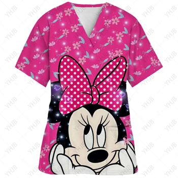Kadın Giysileri Hastane T Shirt hemşire üniforması Üstleri Disney Gömlek V Boyun Üst Kadın 2024 Minnie Mouse T-shirt Cep T-Shirt Tees