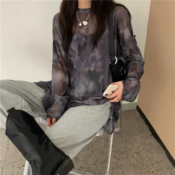 Kadın Harajuku Ins Kravat Boya Uzun Kollu Bayanlar Bahar Gevşek Yüksek Sokak Şık İnce Eğlence Minimalist Rahat Şık T-shirt