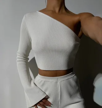 Kadın Seksi Bir Omuz Gömlek Bahar Sonbahar Slim Fit Streetwear Kırpma Üstleri Nervürlü Katı Tee T-Shirt Moda Uzun Kollu Üstleri