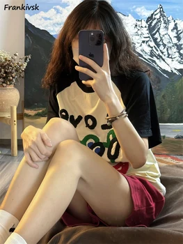 Kadın T-shirt Komik Mektup Kontrast Renk Yuvarlak Boyun Rahat Çok Yönlü Baggy Üst Sıkı Streetwear Kız Öğrenci Retro Tees