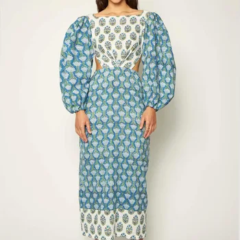 Kadınlar için afrika Baskı Elbiseler Sonbahar Zarif Afrika Fener Kollu Polyester Uzun Parti Maxi Elbise Dashiki afrika kıyafeti