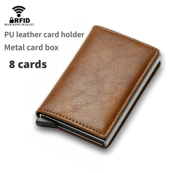 Karton Ambalaj RFID Anti-hırsızlık Kredi kart tutucu Erkekler için Kahverengi PU deri Mini Karbon Fiber Cüzdan Alüminyum Kutu Dropshipping