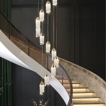 Kristal uzun merdiven avizeler modern yüksek tavan oturma odası uzun avize daire kristal bardak kolye ışıkları yatak başı
