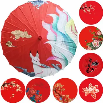 Kırmızı Antika Ahşap Dans Şemsiye Gelin Şemsiye Performans Dekorasyon Tavan Baskılı Kumaş Hanfu Şemsiye