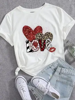 Leopar Aşk Kalp Sevgililer Rahat Tee O-Boyun Kadın Grafik T-Shirt Giyim T Moda Kısa Kollu Baskılı Kadın Giysileri