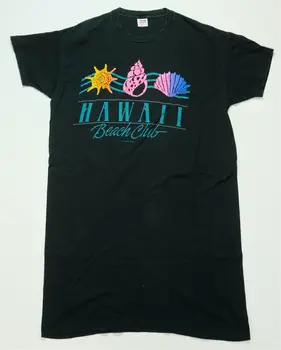 Nadir VTG ÖRS Hawaii Beach Club Deniz Kabukları 1987 Elbise T Shirt 80 s Siyah OSFA