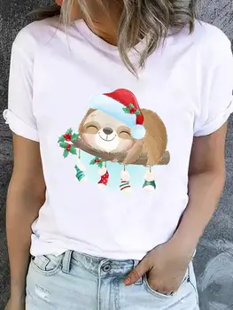 Noel Giysileri Moda Yeni Yıl Kısa Kollu Baskı T Üst Tembel Hayvan Sevimli Trend Temel Kadın Tee Giyim Grafik T-shirt