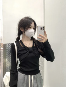 Rahat Katı İlmek Uzun Kollu T-shirt kadın T-Shirt Üstleri Japon Bayanlar Ulzzang Kadın Kore Harajuku Giyim Kadınlar İçin