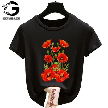 Siyah Kırmızı Çiçek Sevimli Kadın T-shirt Kız Y2K 90s Harajuku Grafik Gotik Kısa Kollu Üstleri Tee Kadın Giysileri, Damla Gemi