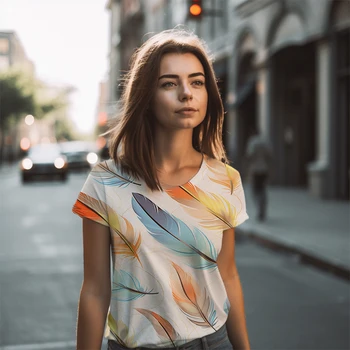 Tüy 3D Baskı T-Shirt Kadın Açık Alışveriş Moda T-shirt Basit O-Boyun T-Shirt Yaz Gevşek Eğlence T-shirt