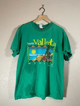 Vintage Puerto Vallarta Meksika Sahil Sahne Yeşil Gömlek uzun kollu