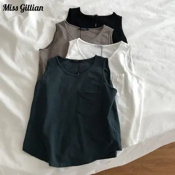 Yaz Kolsuz Kırpma Üst Kadın Yelek Gevşek Casual Gömlek Düz Renk pamuklu giysiler 2023 Moda Tüm Maç Cep Tank Top
