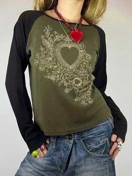 Yoawdats Bayan Y2k Dışarı Çıkmak Kırpma Üstleri Vintage Uzun Kollu Slim Fit 2023 Gotik Estetik Grunge Peri Gömlek T-Shirt Bluz