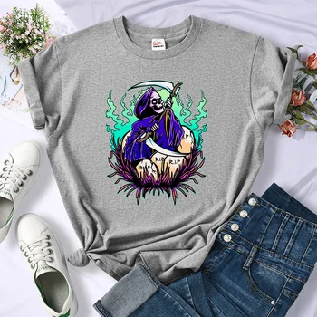 Ölüm Tırpan İskelet Kırık Yumurta Kabuğu Alev Çiçek Üstleri Kadın Moda Gevşek Tee Gömlek Hip Hop Kısa Kollu Komik rahat giyim